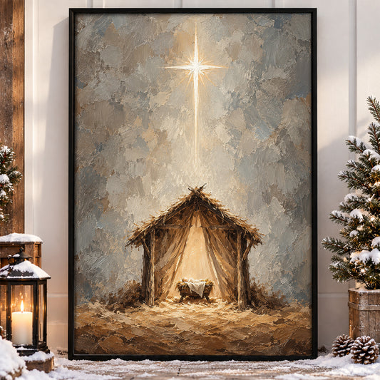 Vintage Christmas Nativity Scene Canvas Painting, Baby Jesus In Manger Under Star Of Bethlehem Wall Art Decor, Xmas Poster Gift