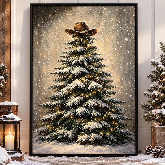 Vintage Christmas Cowboy Canvas Painting, Snowy Pine Tree With Cowboy Hat Wall Art Decor, Xmas Poster Gift For Cowboys & Cowgirls