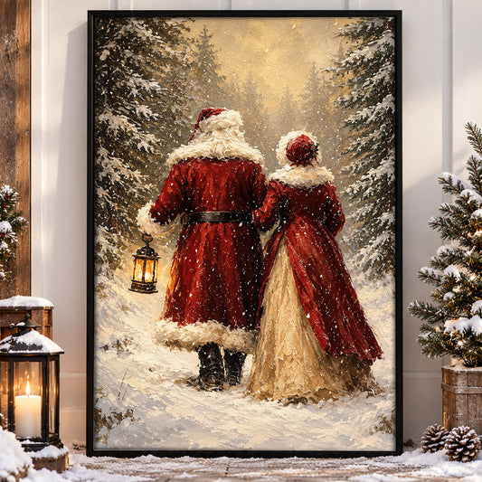 Vintage Christmas Couple Canvas Painting, Santa And Mrs Claus Walking Hand In Hand Wall Art Decor, Xmas Poster Gift For Couple