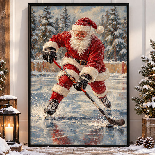 Vintage Christmas Hockey Canvas Painting, Santa's Got Hockey Skills Sport Oil Painting Wall Art Decor, Xmas Poster Gift For Hockey Lover