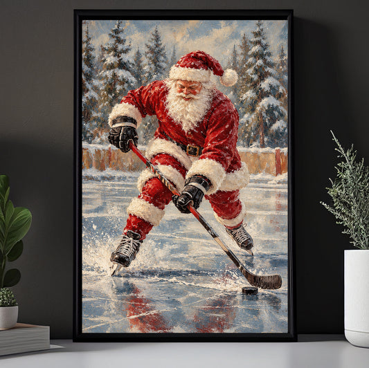 Vintage Christmas Hockey Canvas Painting, Santa's Got Hockey Skills Sport Oil Painting Wall Art Decor, Xmas Poster Gift For Hockey Lover