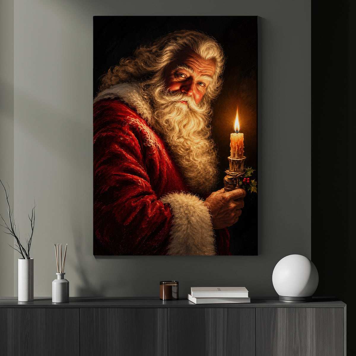 Christmas Santa Claus Canvas Painting, Santa Holding Glowing Candle Wall Art Decor, Xmas Poster Gift To Decor House Or Office