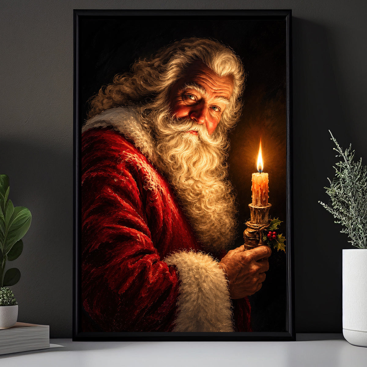 Christmas Santa Claus Canvas Painting, Santa Holding Glowing Candle Wall Art Decor, Xmas Poster Gift To Decor House Or Office