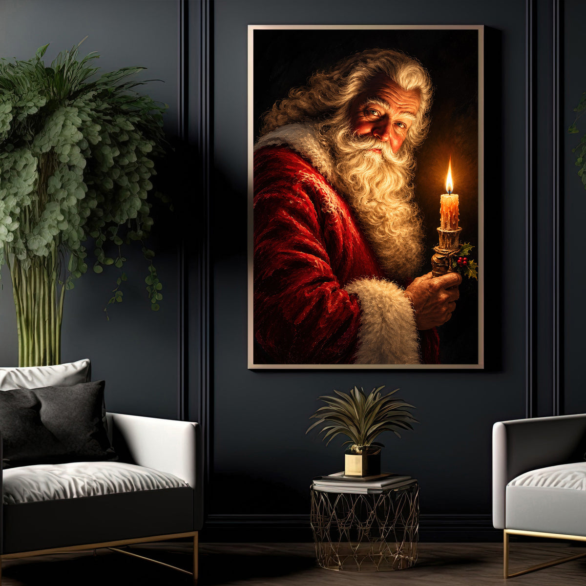 Christmas Santa Claus Canvas Painting, Santa Holding Glowing Candle Wall Art Decor, Xmas Poster Gift To Decor House Or Office