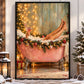 Christmas Bathtub Canvas Painting, Woman Relaxing In Pink Bubble Bath Wall Art Decor, Xmas Poster Gift