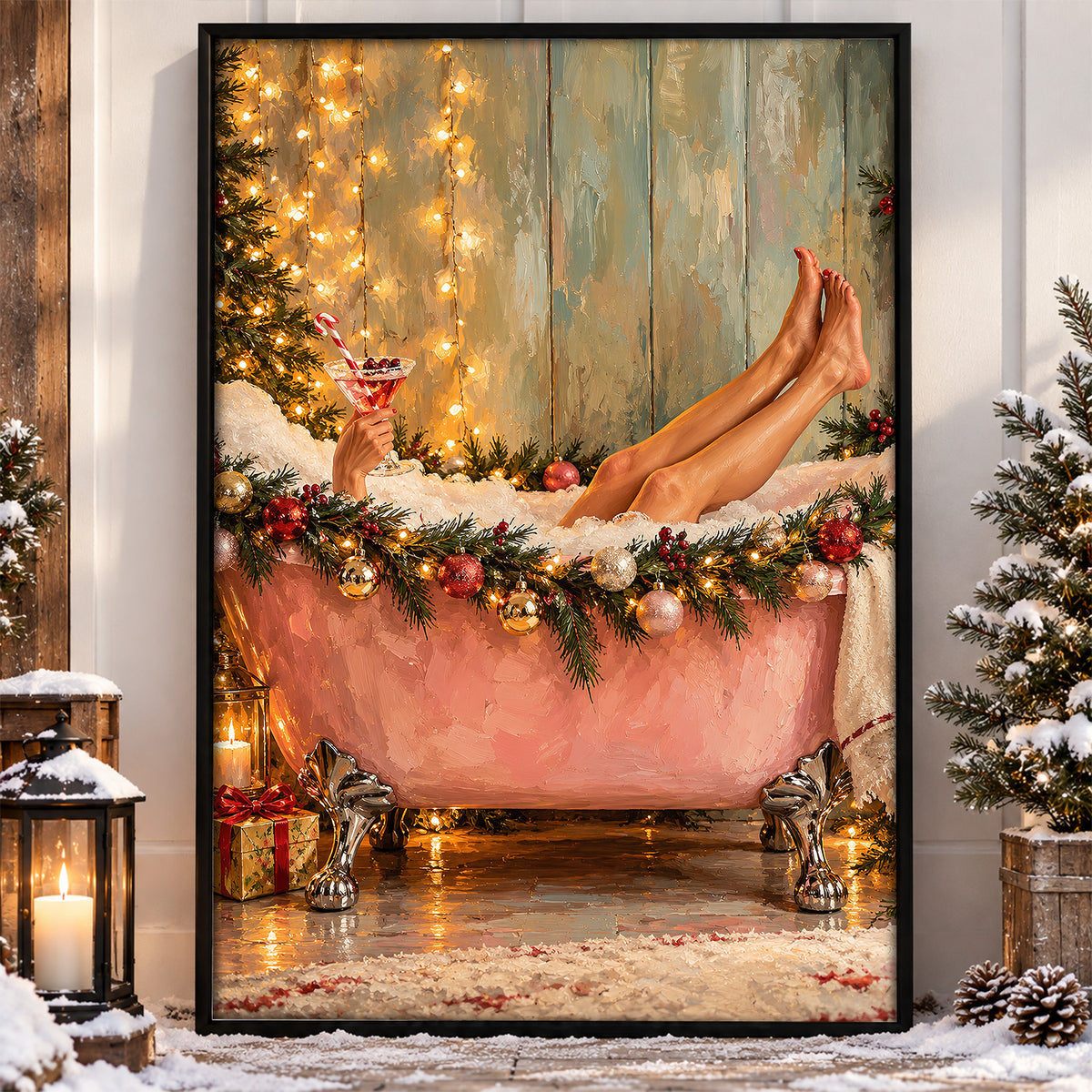 Christmas Bathtub Canvas Painting, Woman Relaxing In Pink Bubble Bath Wall Art Decor, Xmas Poster Gift