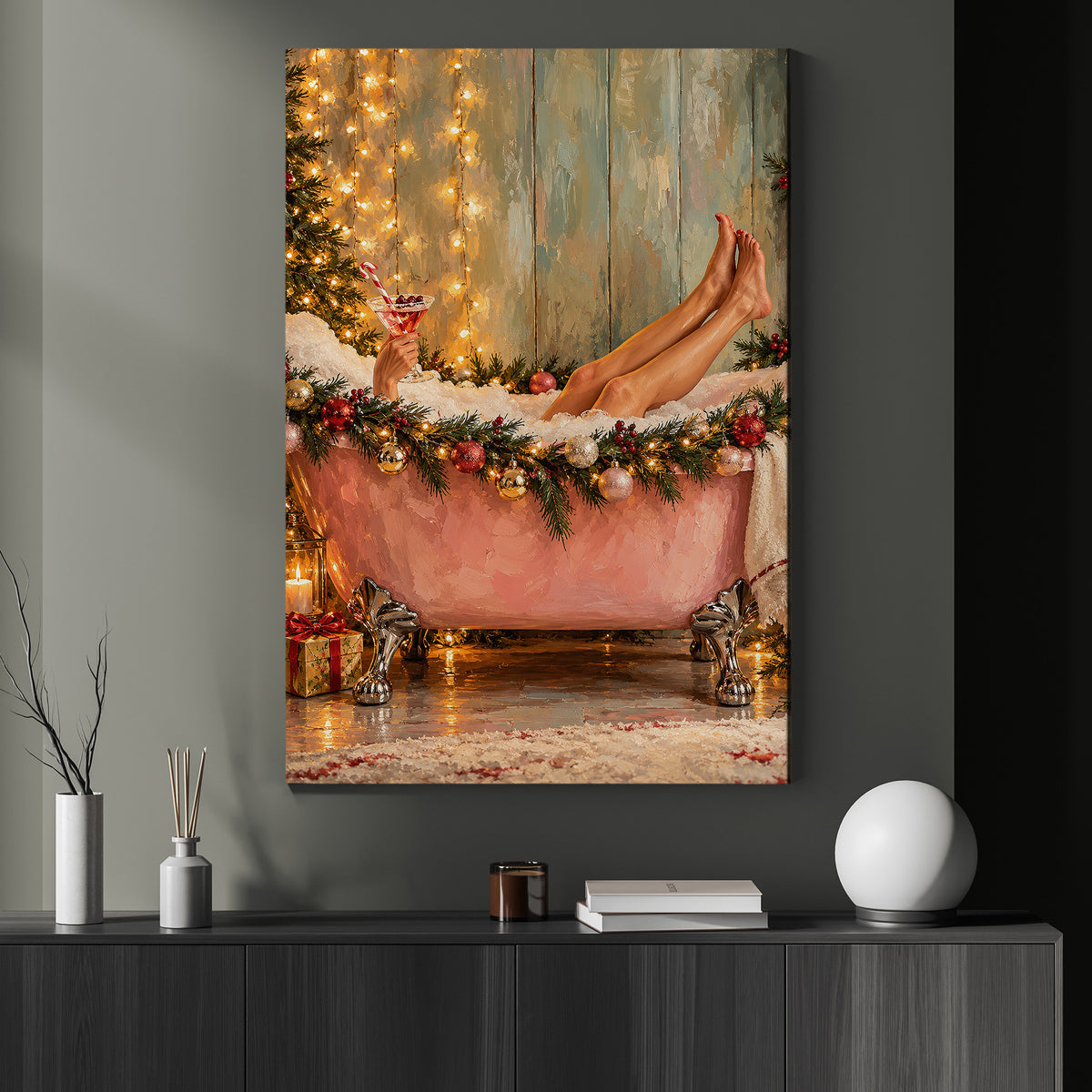 Christmas Bathtub Canvas Painting, Woman Relaxing In Pink Bubble Bath Wall Art Decor, Xmas Poster Gift
