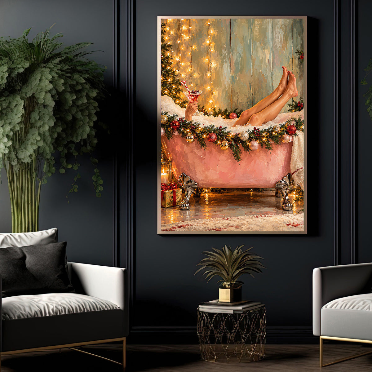 Christmas Bathtub Canvas Painting, Woman Relaxing In Pink Bubble Bath Wall Art Decor, Xmas Poster Gift