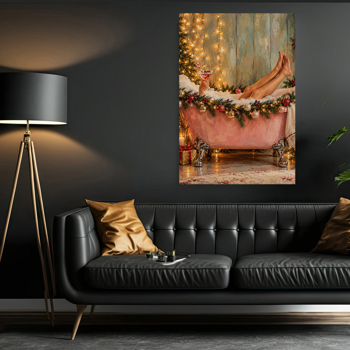Christmas Bathtub Canvas Painting, Woman Relaxing In Pink Bubble Bath Wall Art Decor, Xmas Poster Gift