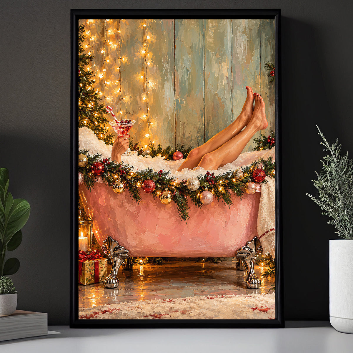 Christmas Bathtub Canvas Painting, Woman Relaxing In Pink Bubble Bath Wall Art Decor, Xmas Poster Gift