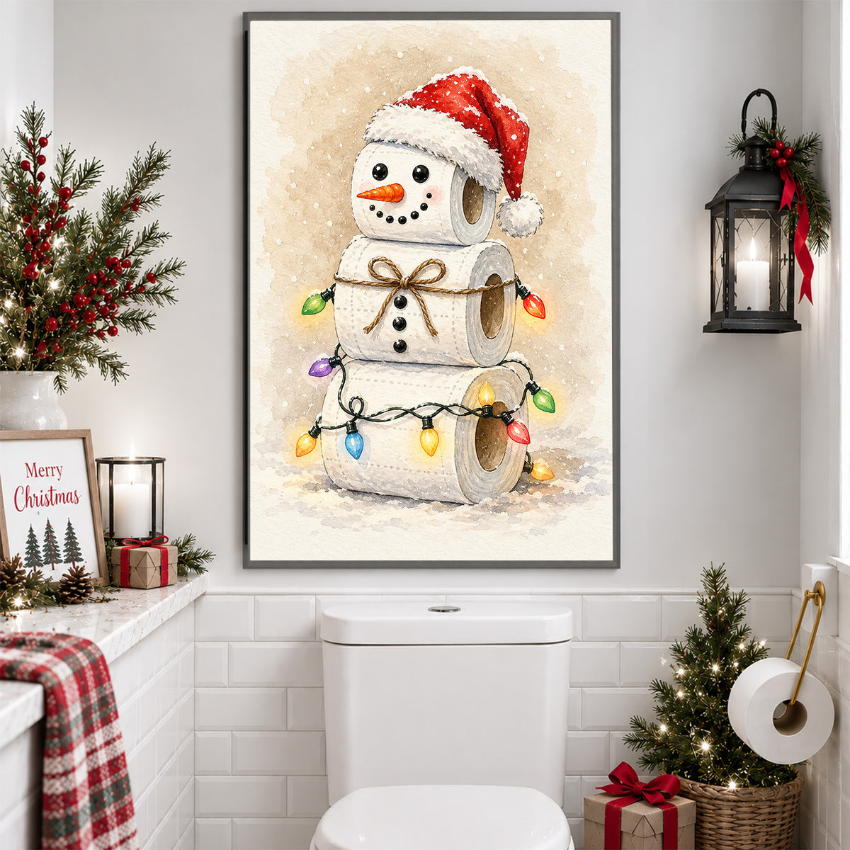 Funny Christmas Toilet Paper Snowman Canvas Painting, Cute Snowman Made Of Toilet Rolls Bathroom Wall Art Decor, Xmas Restroom Poster Gift For Snowman Lover