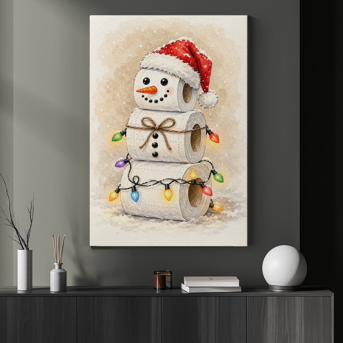 Funny Christmas Toilet Paper Snowman Canvas Painting, Cute Snowman Made Of Toilet Rolls Bathroom Wall Art Decor, Xmas Restroom Poster Gift For Snowman Lover