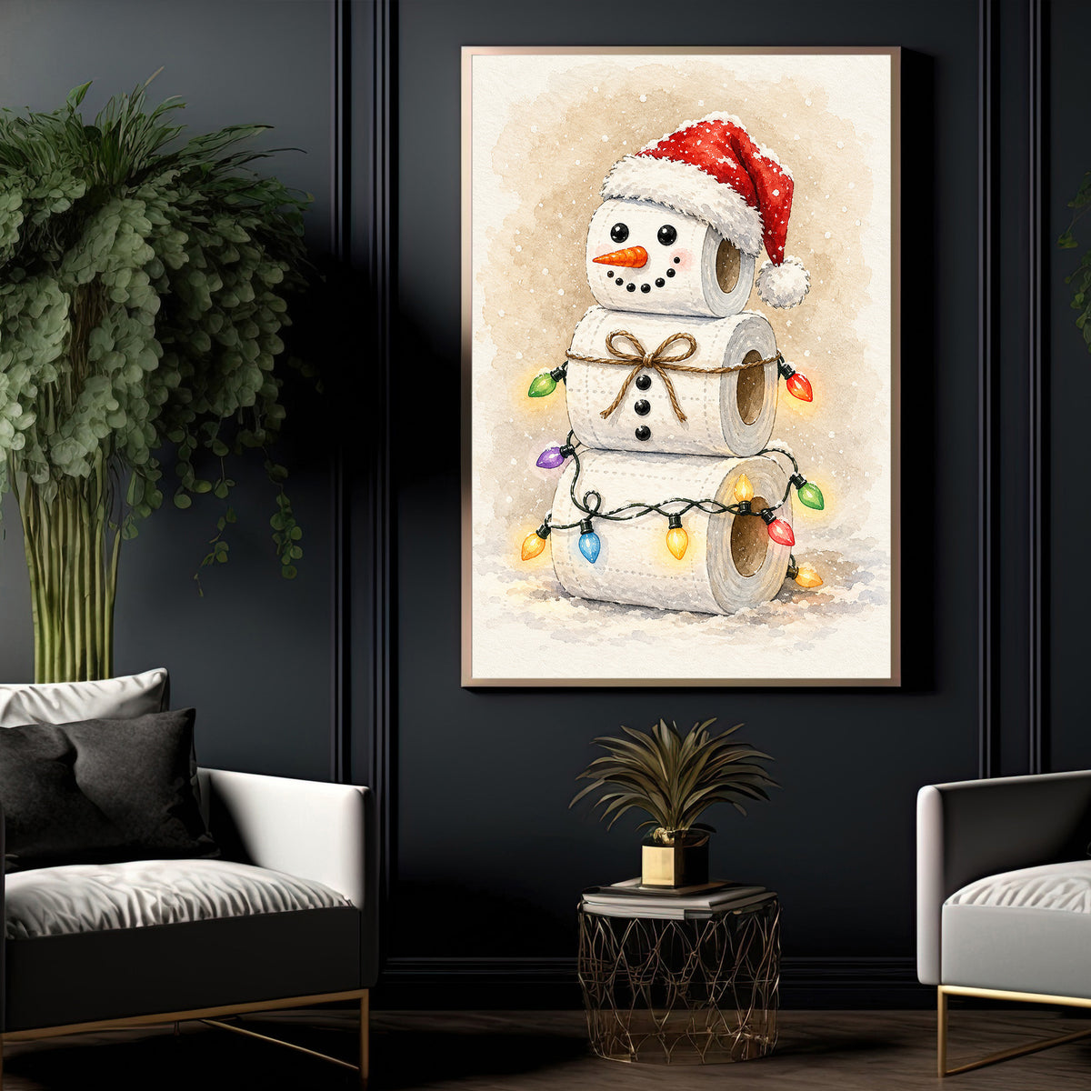 Funny Christmas Toilet Paper Snowman Canvas Painting, Cute Snowman Made Of Toilet Rolls Bathroom Wall Art Decor, Xmas Restroom Poster Gift For Snowman Lover
