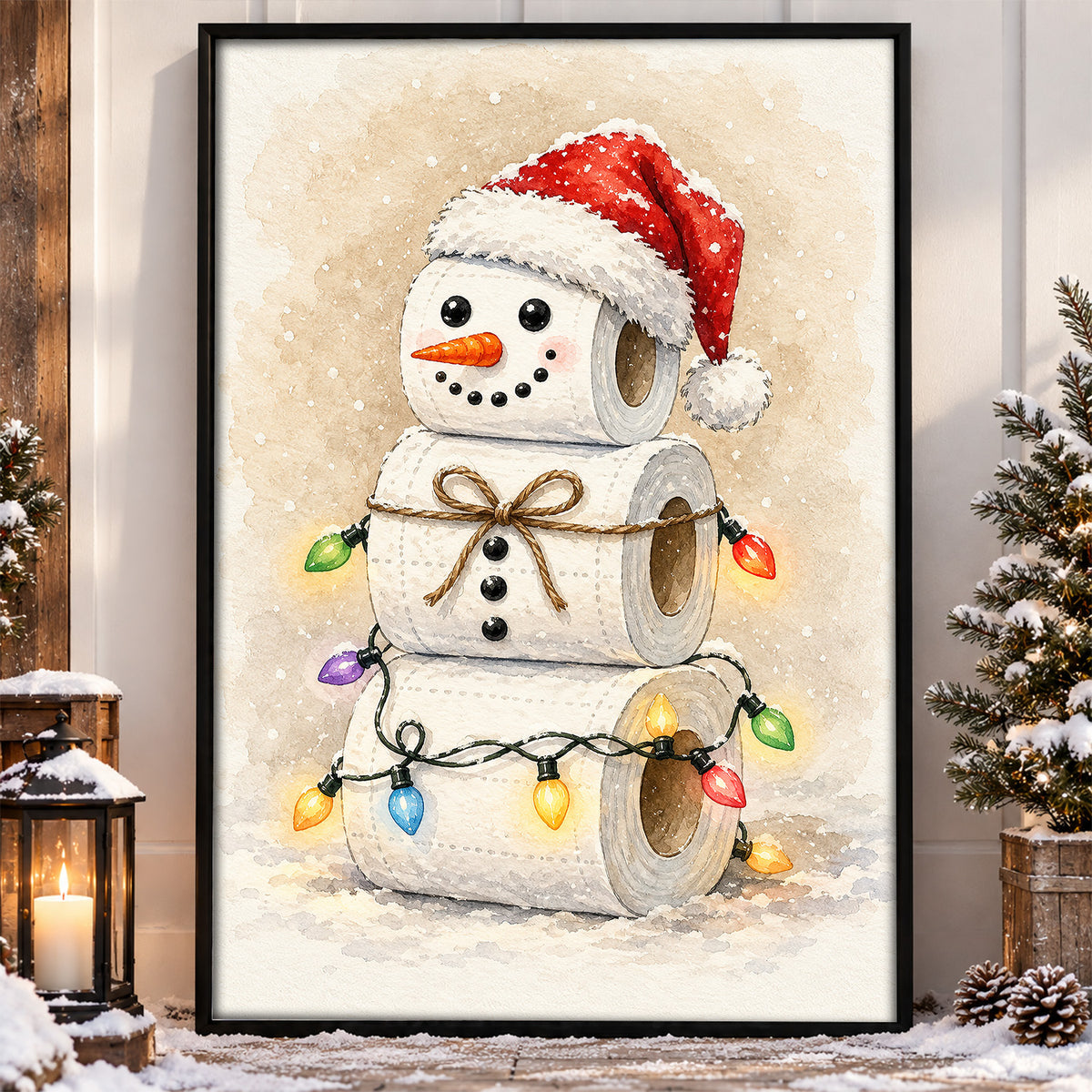 Funny Christmas Toilet Paper Snowman Canvas Painting, Cute Snowman Made Of Toilet Rolls Bathroom Wall Art Decor, Xmas Restroom Poster Gift For Snowman Lover