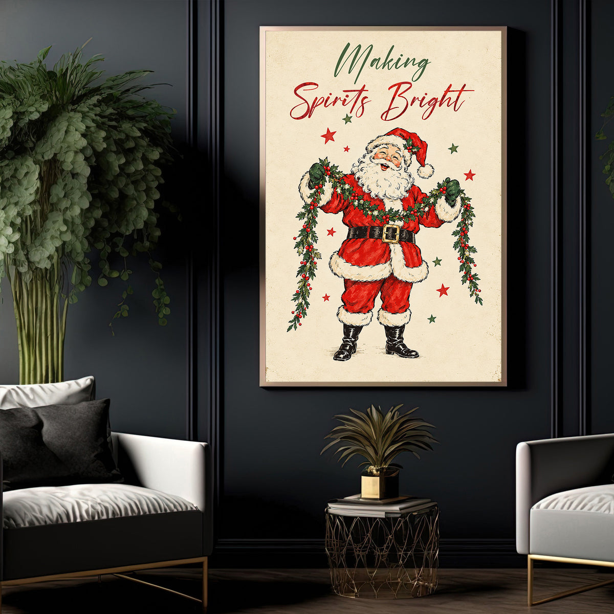 Christmas Quote Santa Claus Canvas Painting, Making Spirits Bright Wall Art Decor, Xmas Poster Gift To Decor House Or Office