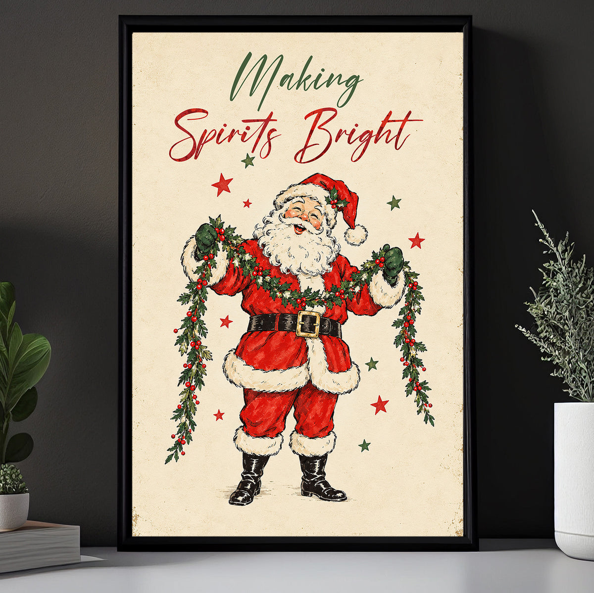 Christmas Quote Santa Claus Canvas Painting, Making Spirits Bright Wall Art Decor, Xmas Poster Gift To Decor House Or Office