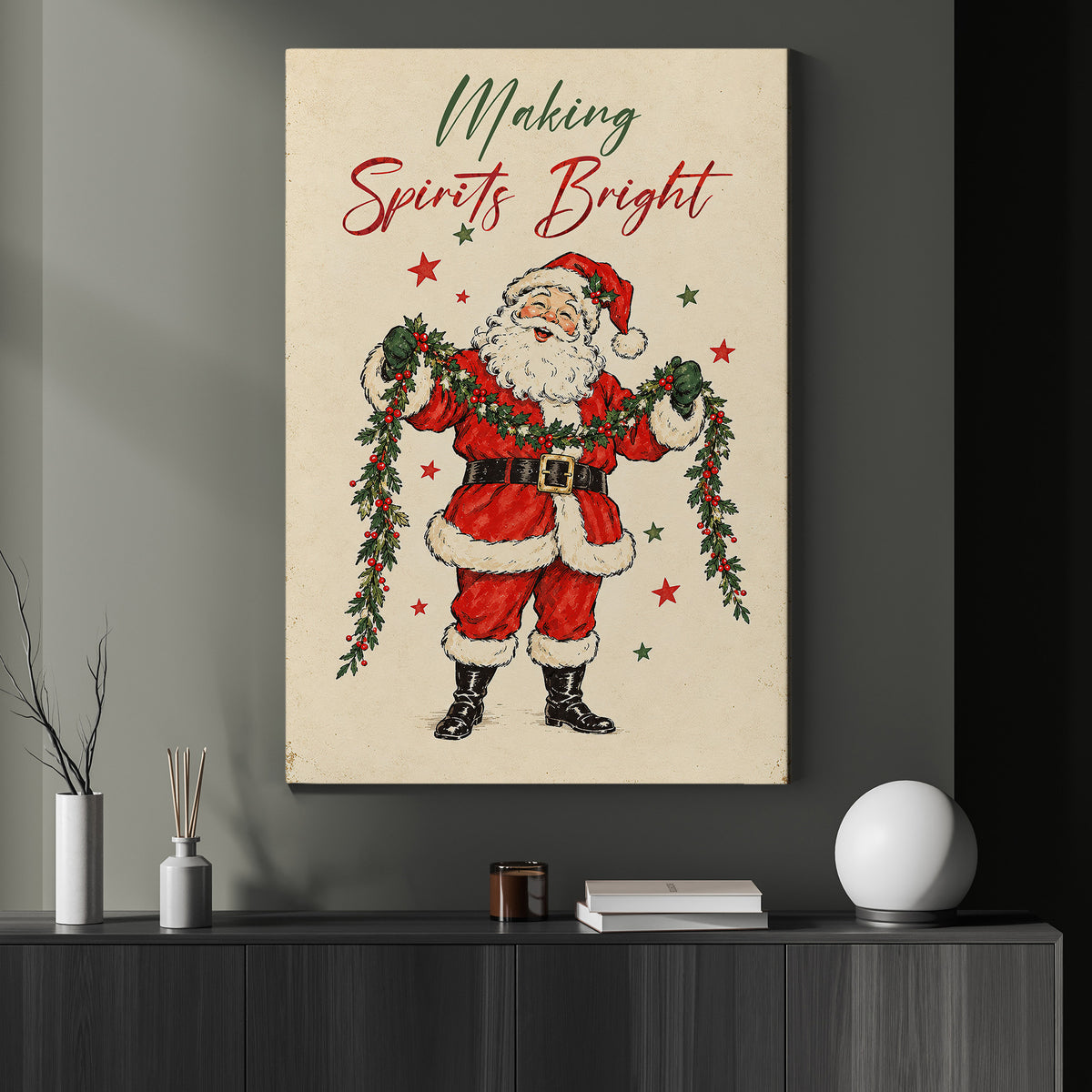Christmas Quote Santa Claus Canvas Painting, Making Spirits Bright Wall Art Decor, Xmas Poster Gift To Decor House Or Office