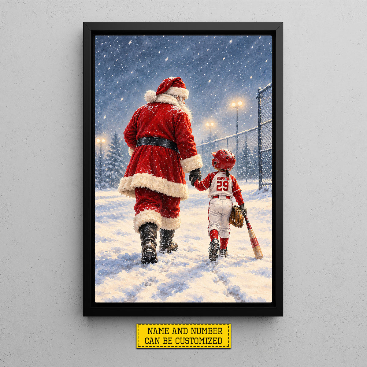 Personalized Christmas Santa and Softball Girl Canvas Painting, Santa's Little Softball Star Wall Art Decor, Xmas Poster Gift For Softball Lover
