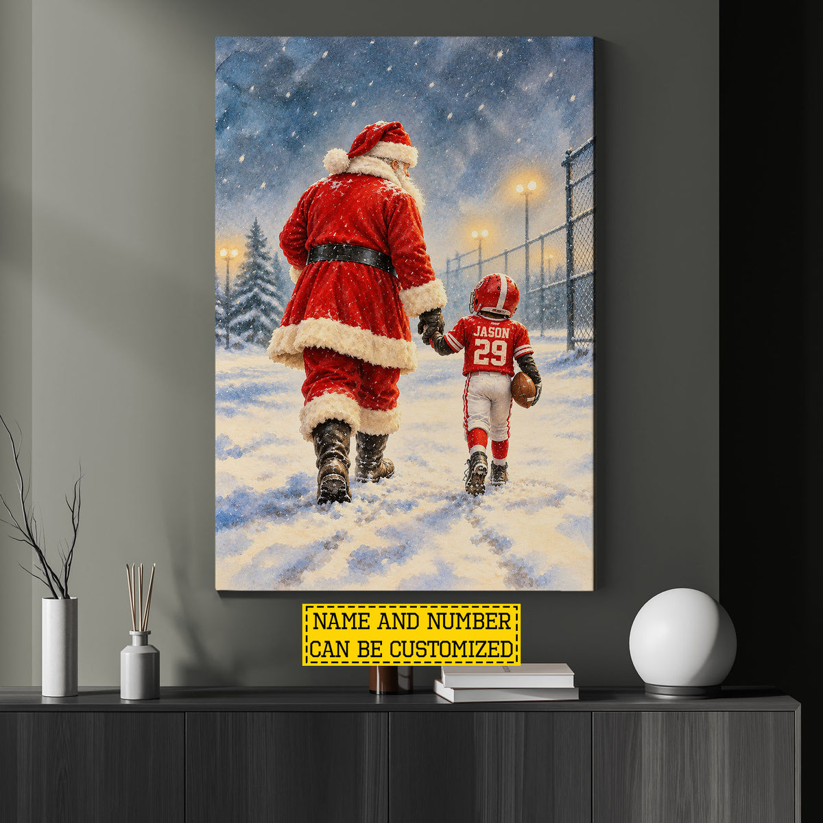 Personalized Christmas Santa and Football Boy Canvas Painting, Santa's Little Football Star Wall Art Decor, Xmas Poster Gift For Football Lover