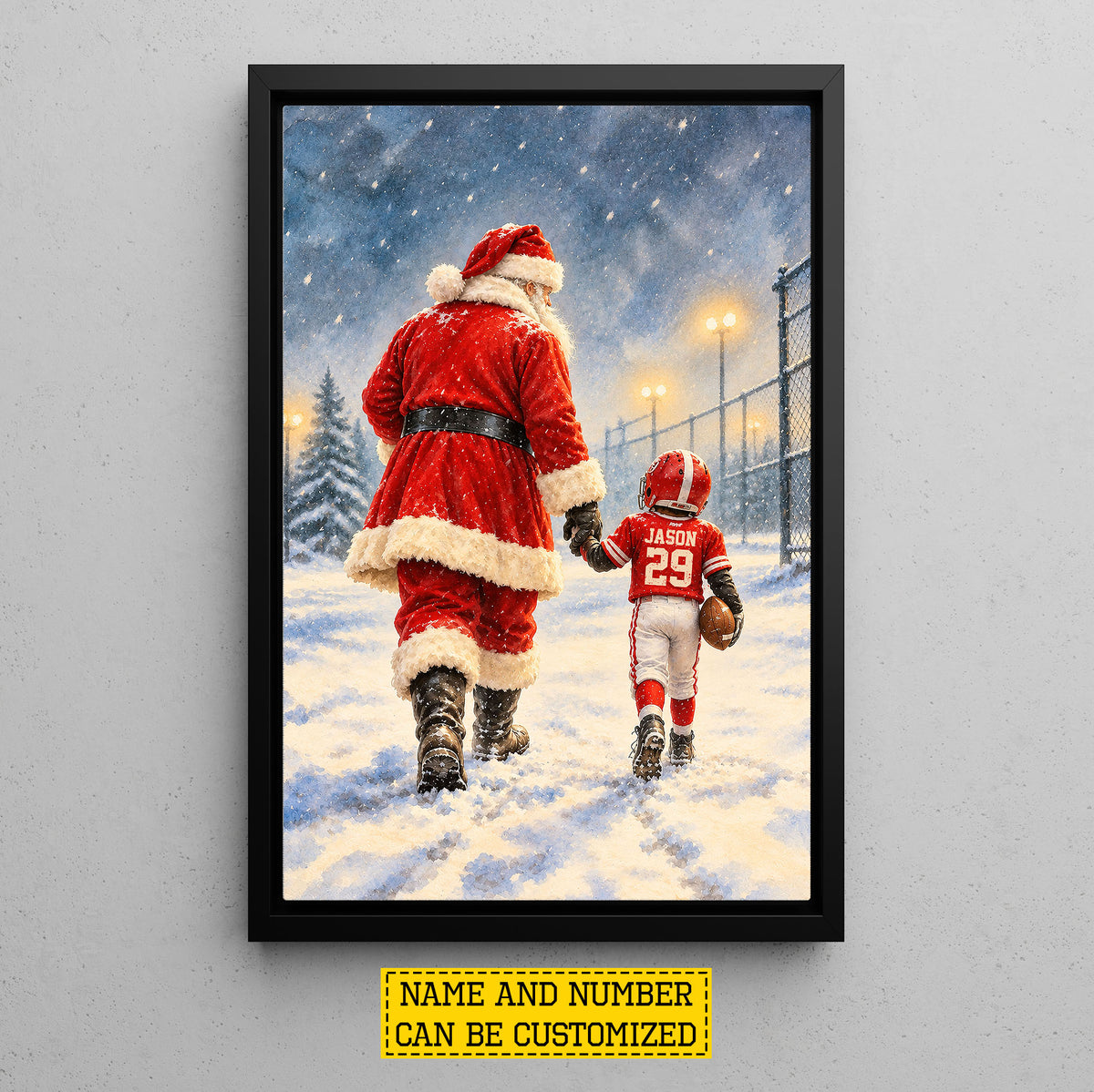 Personalized Christmas Santa and Football Boy Canvas Painting, Santa's Little Football Star Wall Art Decor, Xmas Poster Gift For Football Lover