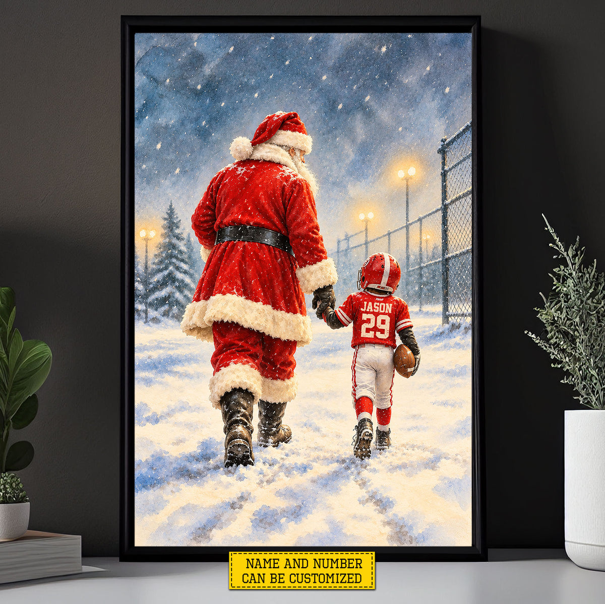 Personalized Christmas Santa and Football Boy Canvas Painting, Santa's Little Football Star Wall Art Decor, Xmas Poster Gift For Football Lover