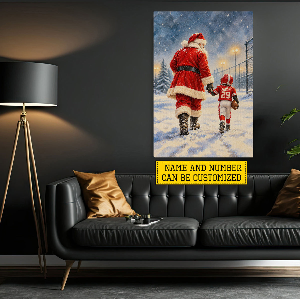 Personalized Christmas Santa and Football Boy Canvas Painting, Santa's Little Football Star Wall Art Decor, Xmas Poster Gift For Football Lover