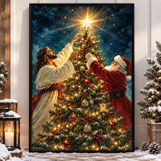 Vintage Christmas Jesus And Santa Claus Canvas Painting, Decorating Christmas Tree Under Shining Star Wall Art Decor, Xmas Poster Gift For Christians