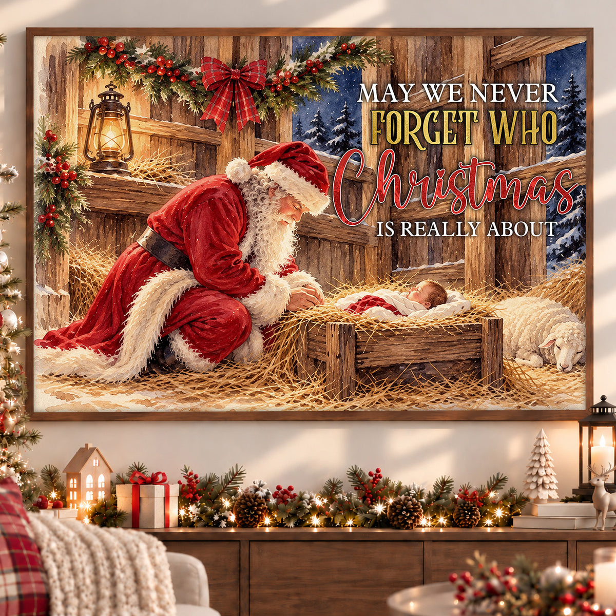 Christmas Nativity Scene Quote Canvas Painting, May We Never Forget Who Christmas Is Really About Wall Art Decor, Xmas Poster Gift To Decor House Or Office