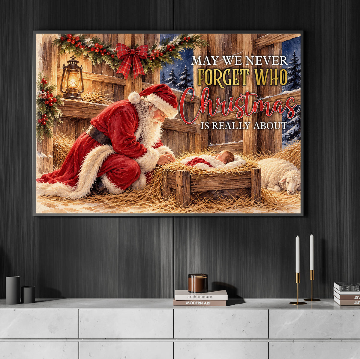 Christmas Nativity Scene Quote Canvas Painting, May We Never Forget Who Christmas Is Really About Wall Art Decor, Xmas Poster Gift To Decor House Or Office