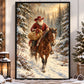Christmas Cowboy Canvas Painting, Santa Claus Riding Horse With Gift Sack In Snow Wall Art Decor, Xmas Poster Gift For Cowboys