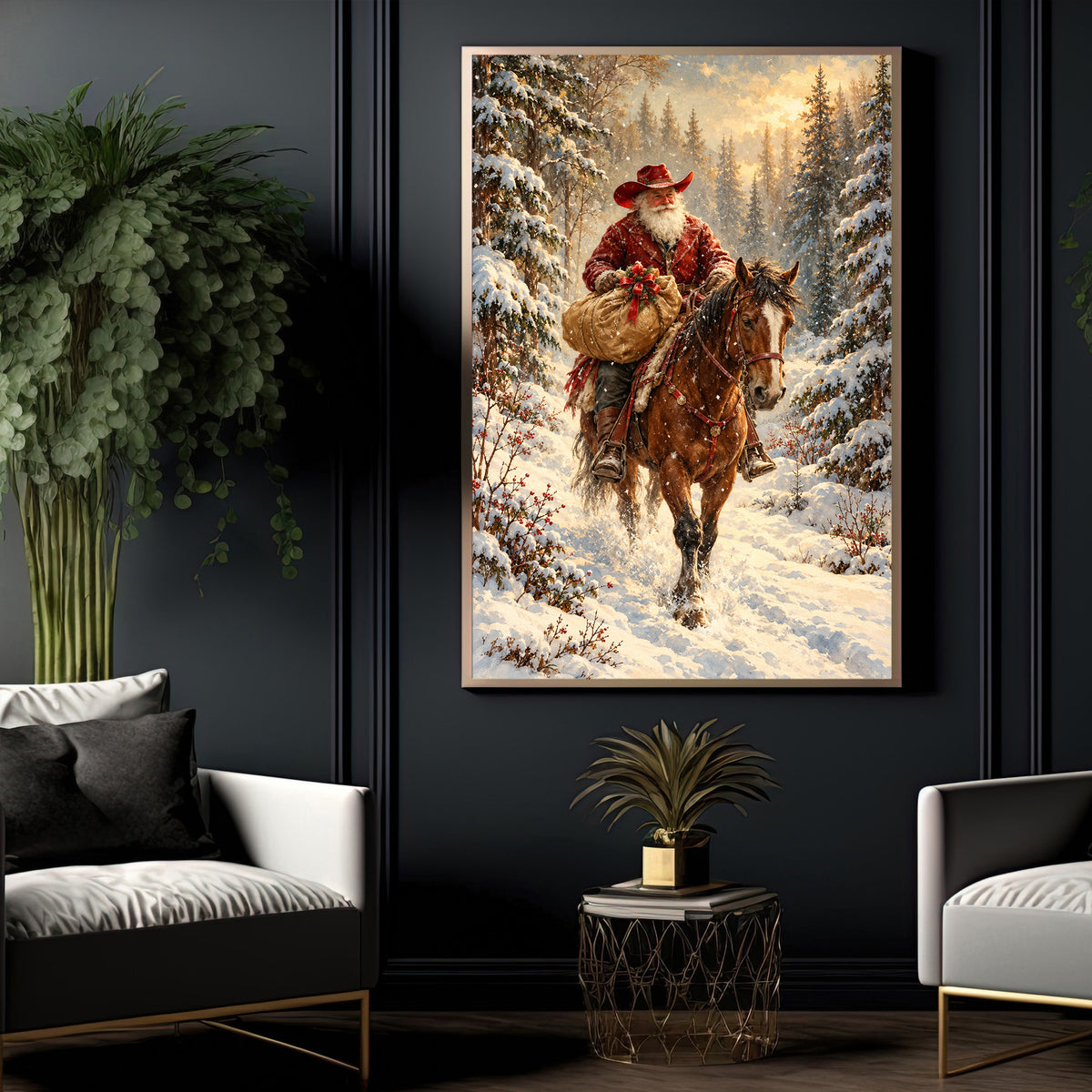 Christmas Cowboy Canvas Painting, Santa Claus Riding Horse With Gift Sack In Snow Wall Art Decor, Xmas Poster Gift For Cowboys