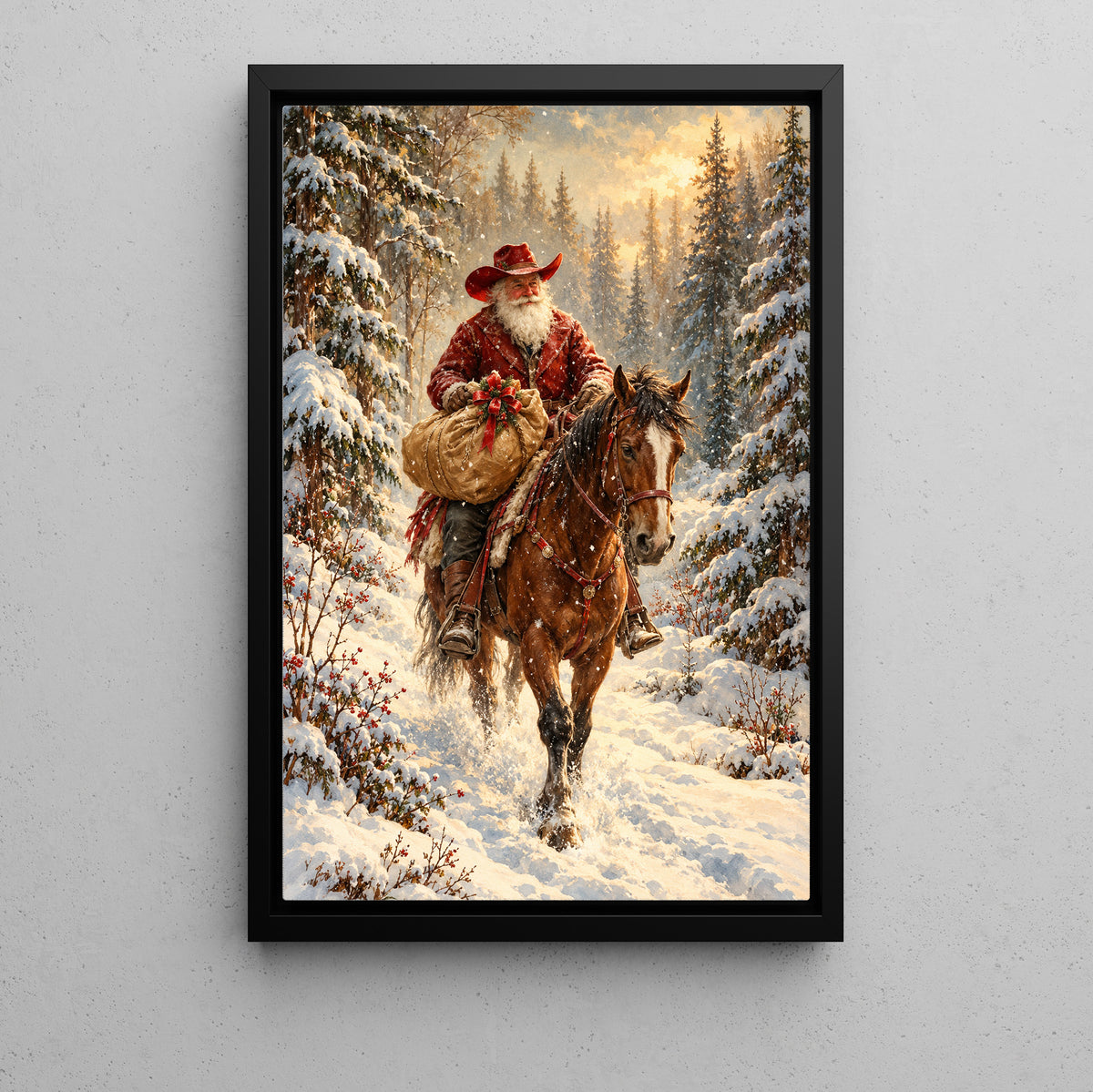 Christmas Cowboy Canvas Painting, Santa Claus Riding Horse With Gift Sack In Snow Wall Art Decor, Xmas Poster Gift For Cowboys