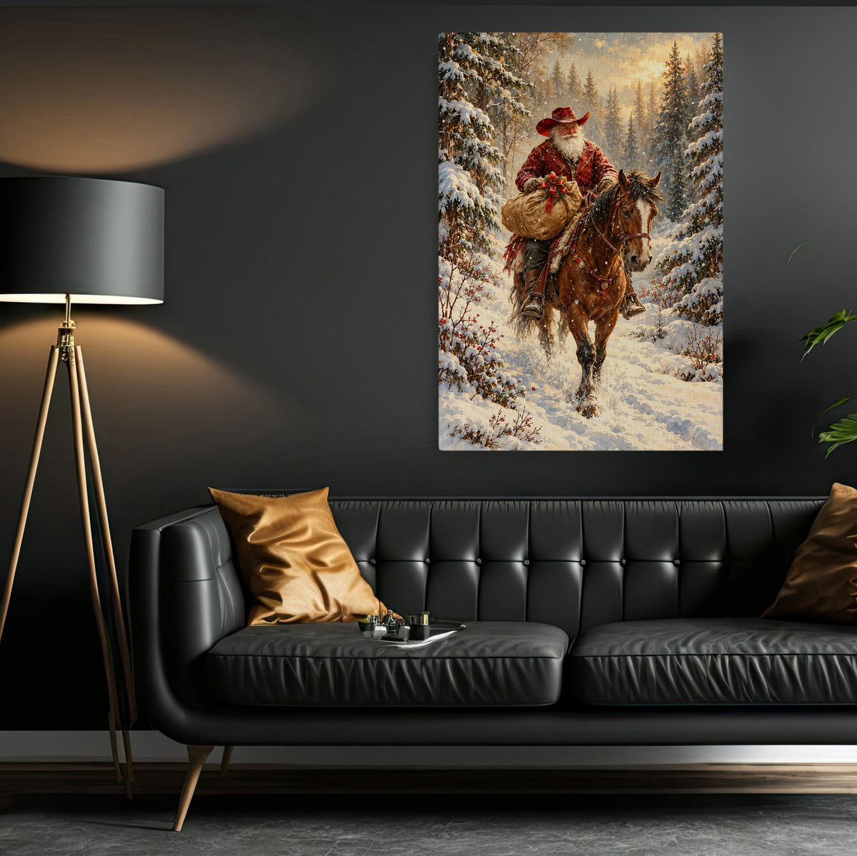 Christmas Cowboy Canvas Painting, Santa Claus Riding Horse With Gift Sack In Snow Wall Art Decor, Xmas Poster Gift For Cowboys