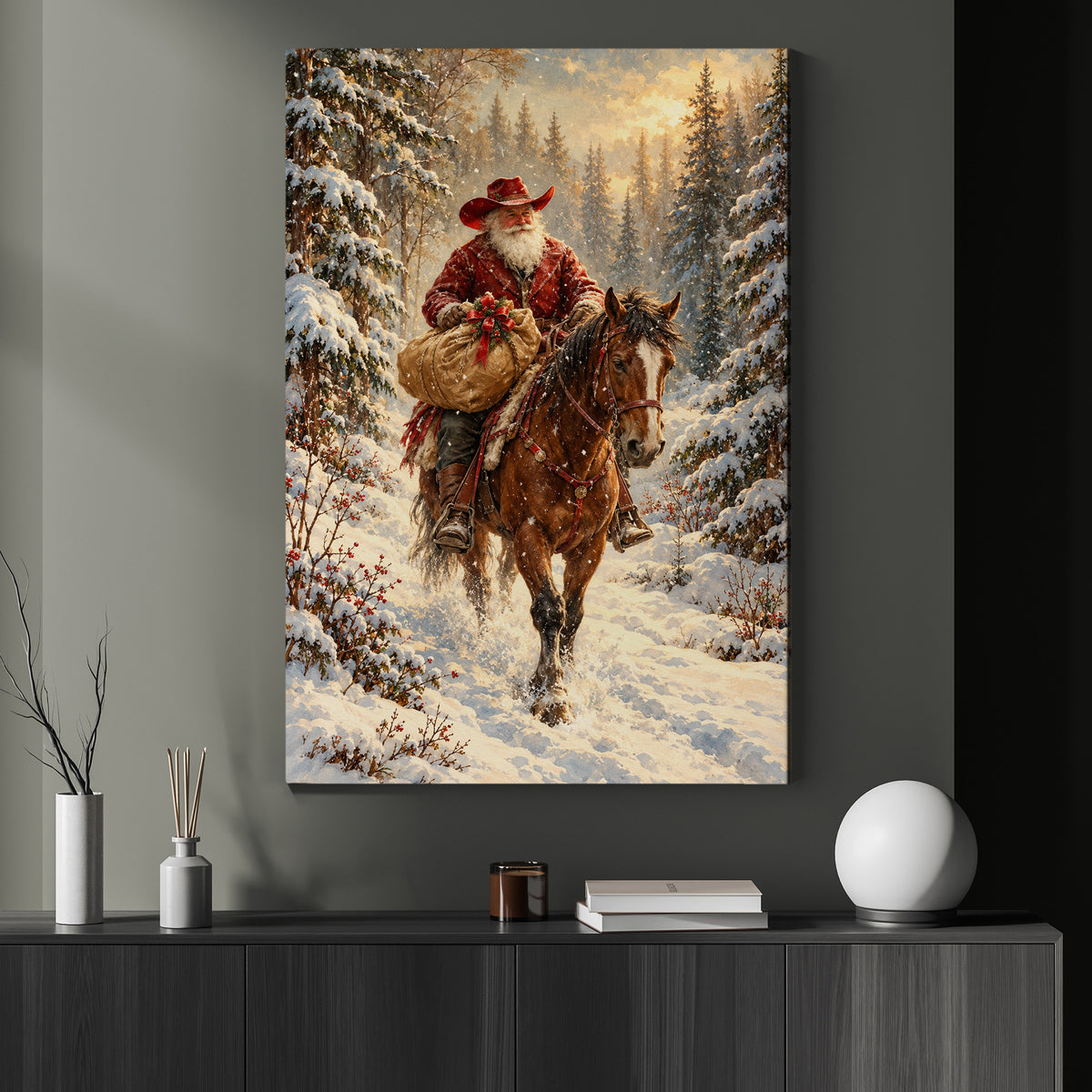 Christmas Cowboy Canvas Painting, Santa Claus Riding Horse With Gift Sack In Snow Wall Art Decor, Xmas Poster Gift For Cowboys