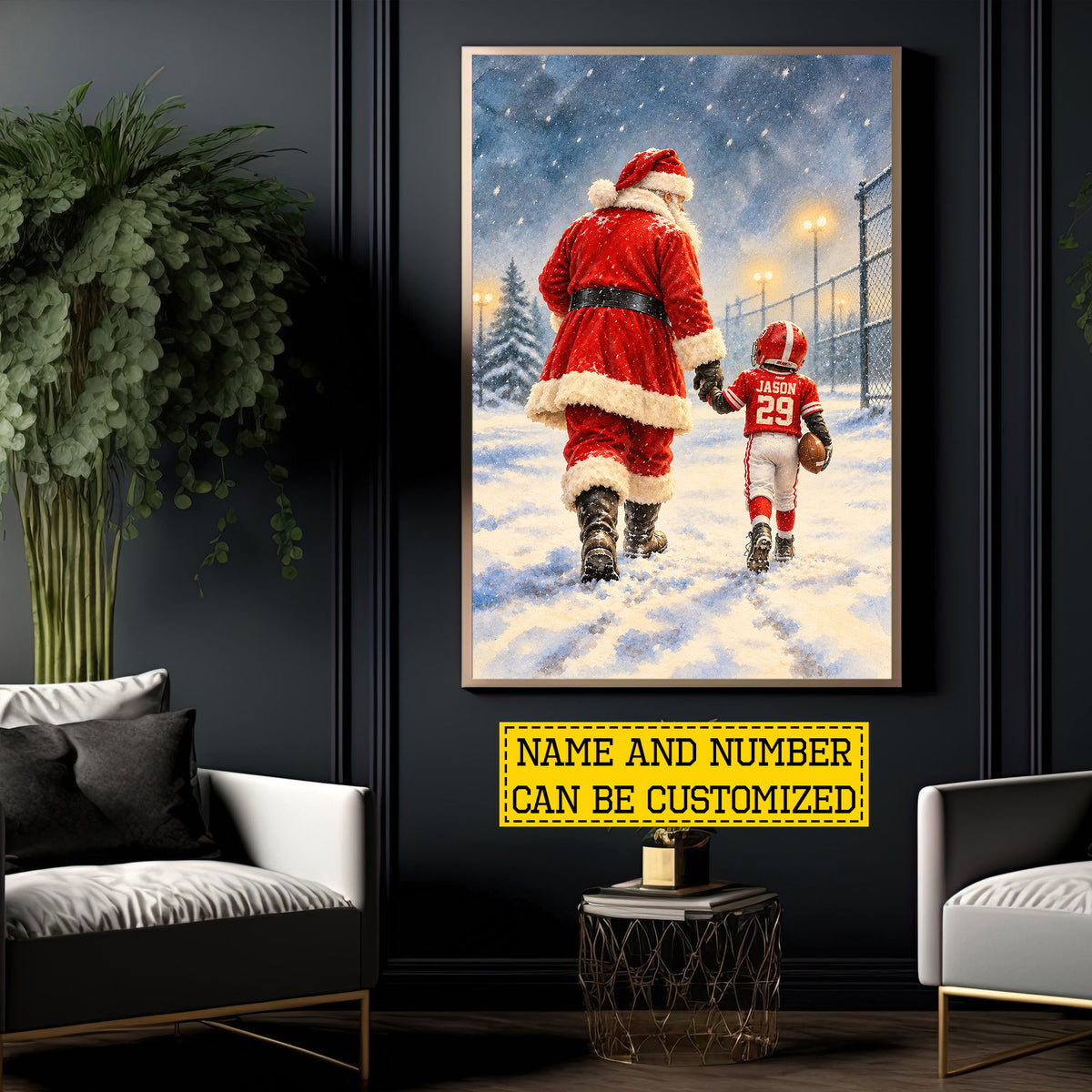 Personalized Christmas Santa and Football Boy Canvas Painting, Santa's Little Football Star Wall Art Decor, Xmas Poster Gift For Football Lover