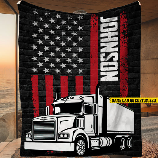 Personalized Trucker Fleece Blanket, Red, White, and Truck: An American Dream Woven Blanket, Cool Sherpa Blanket Gift For Truck Drivers