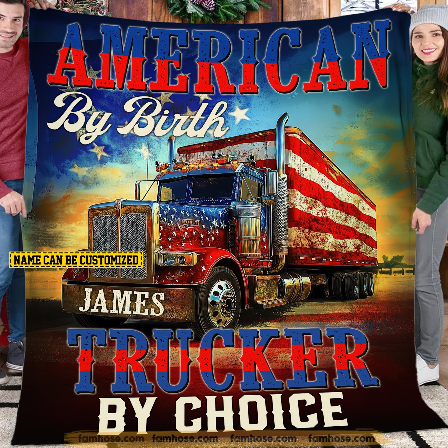 Personalized Trucker Fleece Blanket, American By Birth, Trucker By Choice Woven Blanket, Cozy Sherpa Blanket Gift For Truck Drivers