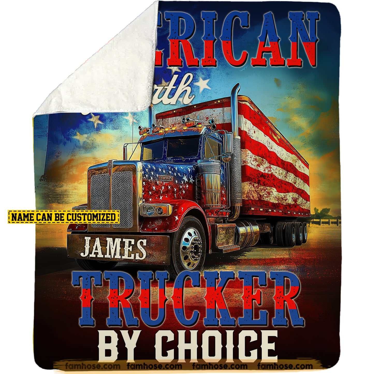 Personalized Trucker Fleece Blanket, American By Birth, Trucker By Choice Woven Blanket, Cozy Sherpa Blanket Gift For Truck Drivers