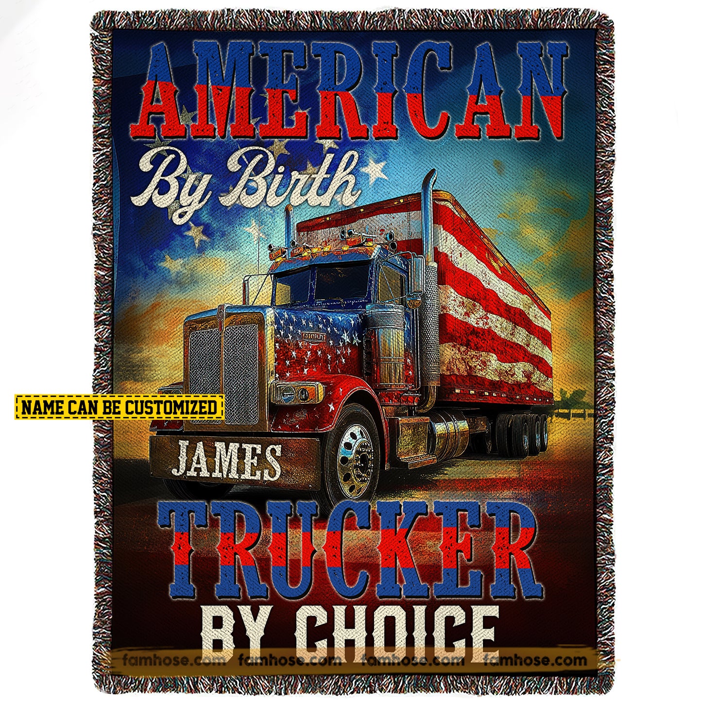 Personalized Trucker Fleece Blanket, American By Birth, Trucker By Choice Woven Blanket, Cozy Sherpa Blanket Gift For Truck Drivers