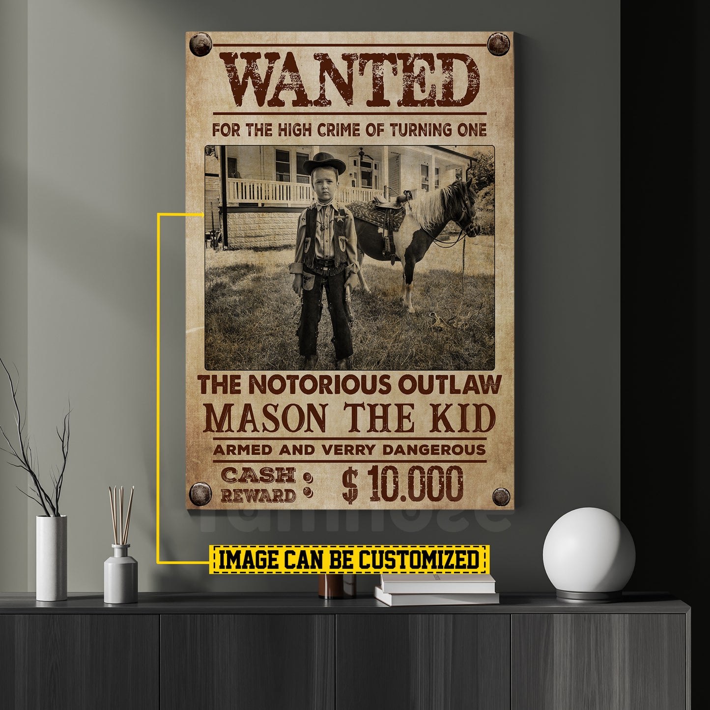 Personalized Funny Cowboy Kid Canvas Painting, The Notorious Outlaw Wall Art Decor, Poster Gift For Cowboy Lovers