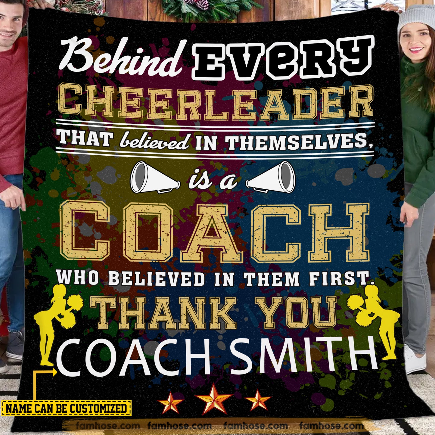 Personalized Cheerleading Coach Fleece Blanket, Behind Every Great Cheerleader Is A Great Coach Woven Blanket, Cool Sherpa Blanket Gift For Cheerleading Coach