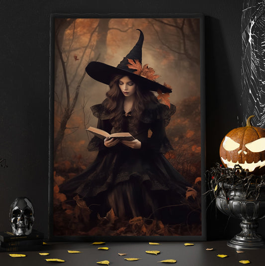 Romantic Witch Reading Book In Forest Vintage Gothic Wall Art Print - Dark Academia Thanks Giving Witchy Halloween Wall Decor