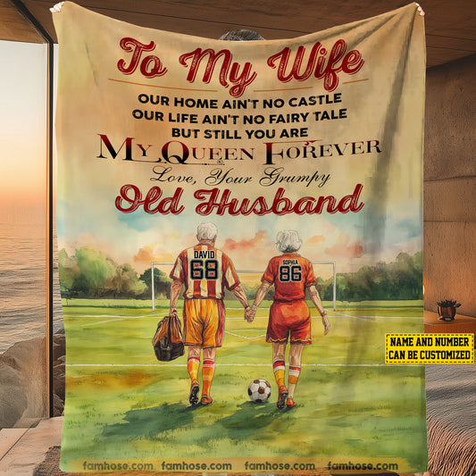 Personalized Soccer Fleece Blanket, To My Wife My Queen Forever Woven Blanket, Cozy Soccer Sherpa Blanket Gift For Wife From Old Husband