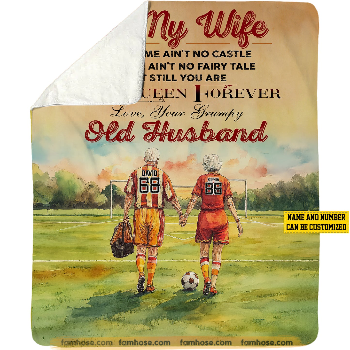 Personalized Soccer Fleece Blanket, To My Wife My Queen Forever Woven Blanket, Cozy Soccer Sherpa Blanket Gift For Wife From Old Husband