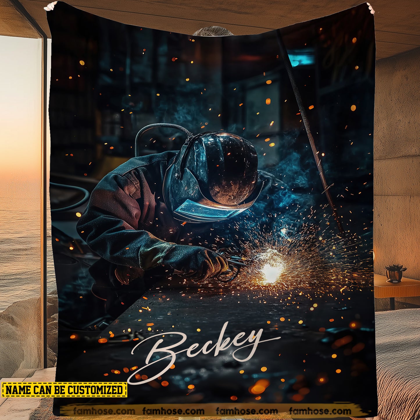 Personalized Welder Fleece Blanket, Welding Flames, Cozy Warmth Woven Blanket, Cozy Sherpa Blanket Gift For Weld Workers
