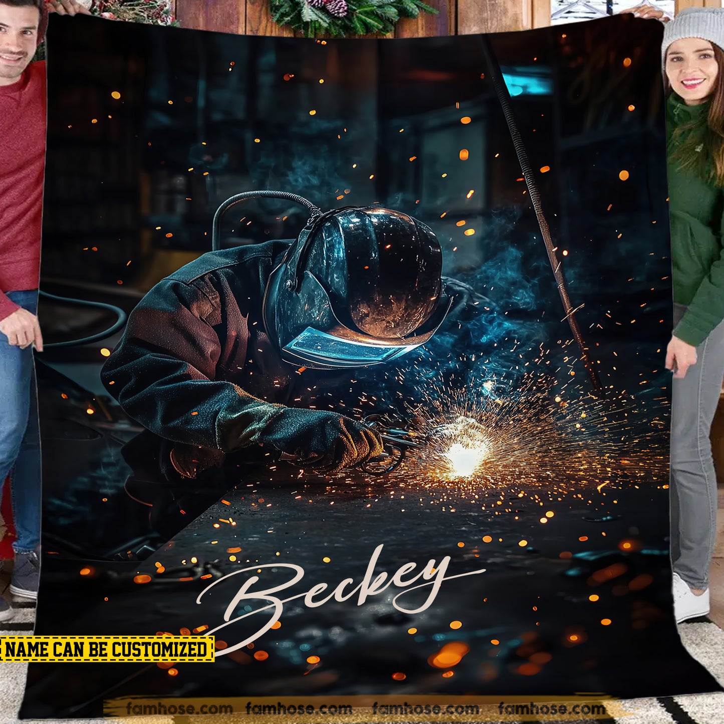 Personalized Welder Fleece Blanket, Welding Flames, Cozy Warmth Woven Blanket, Cozy Sherpa Blanket Gift For Weld Workers