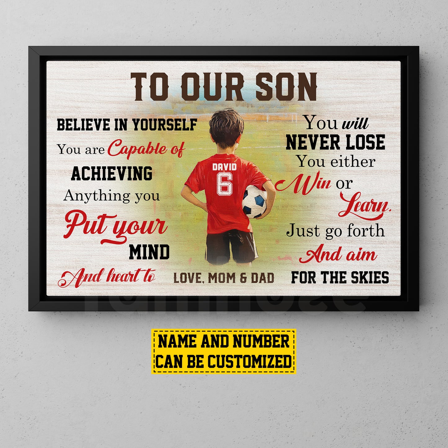 Personalized Motivational Soccer Kid Canvas Painting, To Our Son Sport Wall Art Decor, Poster Gift For Soccer Boys From Parent