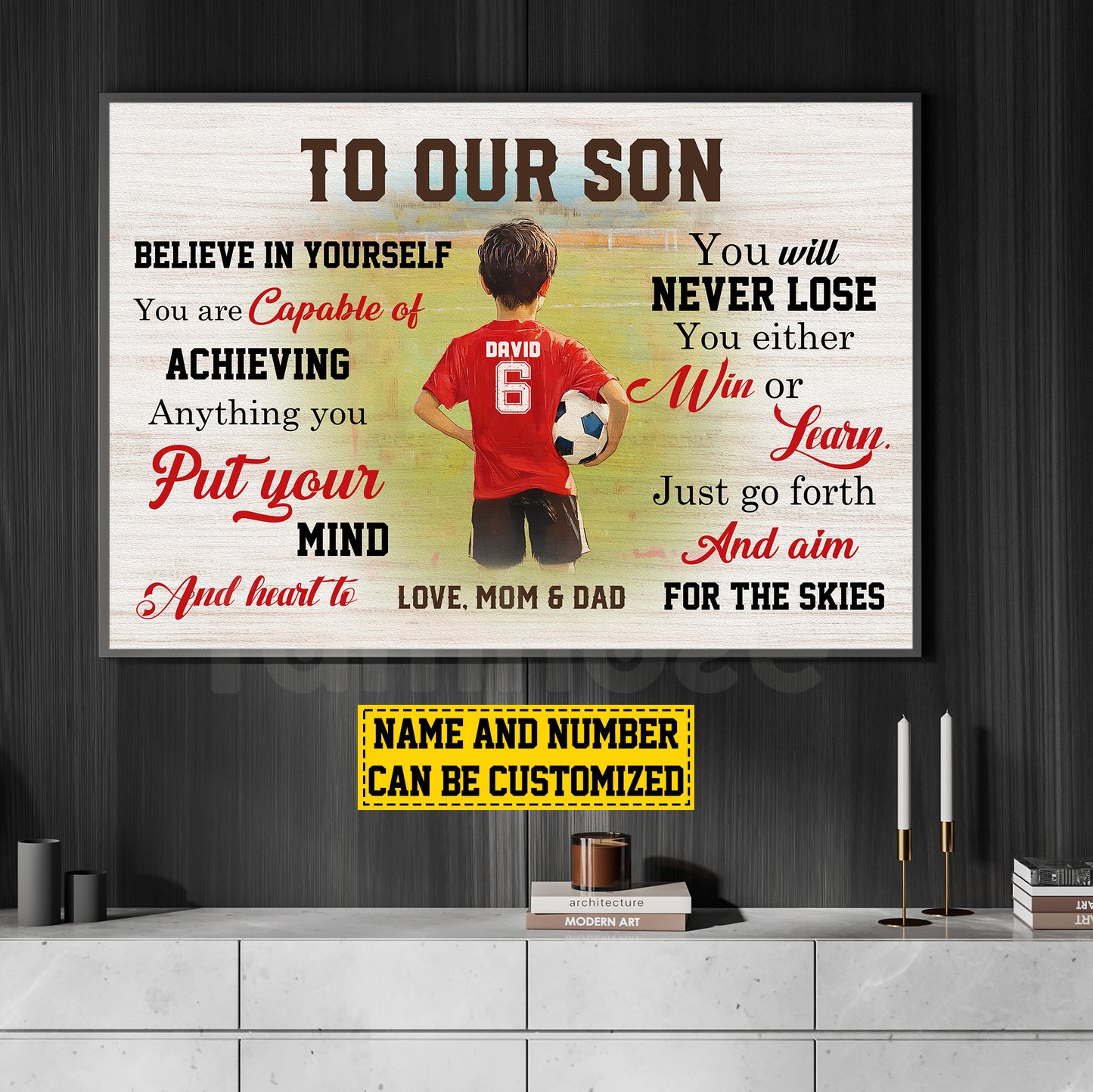 Personalized Motivational Soccer Kid Canvas Painting, To Our Son Sport Wall Art Decor, Poster Gift For Soccer Boys From Parent