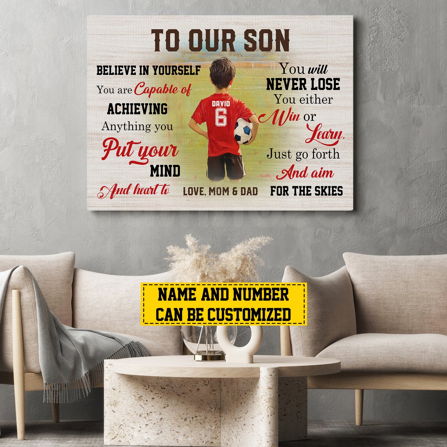 Personalized Motivational Soccer Kid Canvas Painting, To Our Son Sport Wall Art Decor, Poster Gift For Soccer Boys From Parent