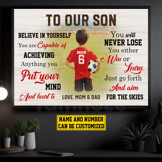 Personalized Motivational Soccer Kid Canvas Painting, To Our Son Sport Wall Art Decor, Poster Gift For Soccer Boys From Parent